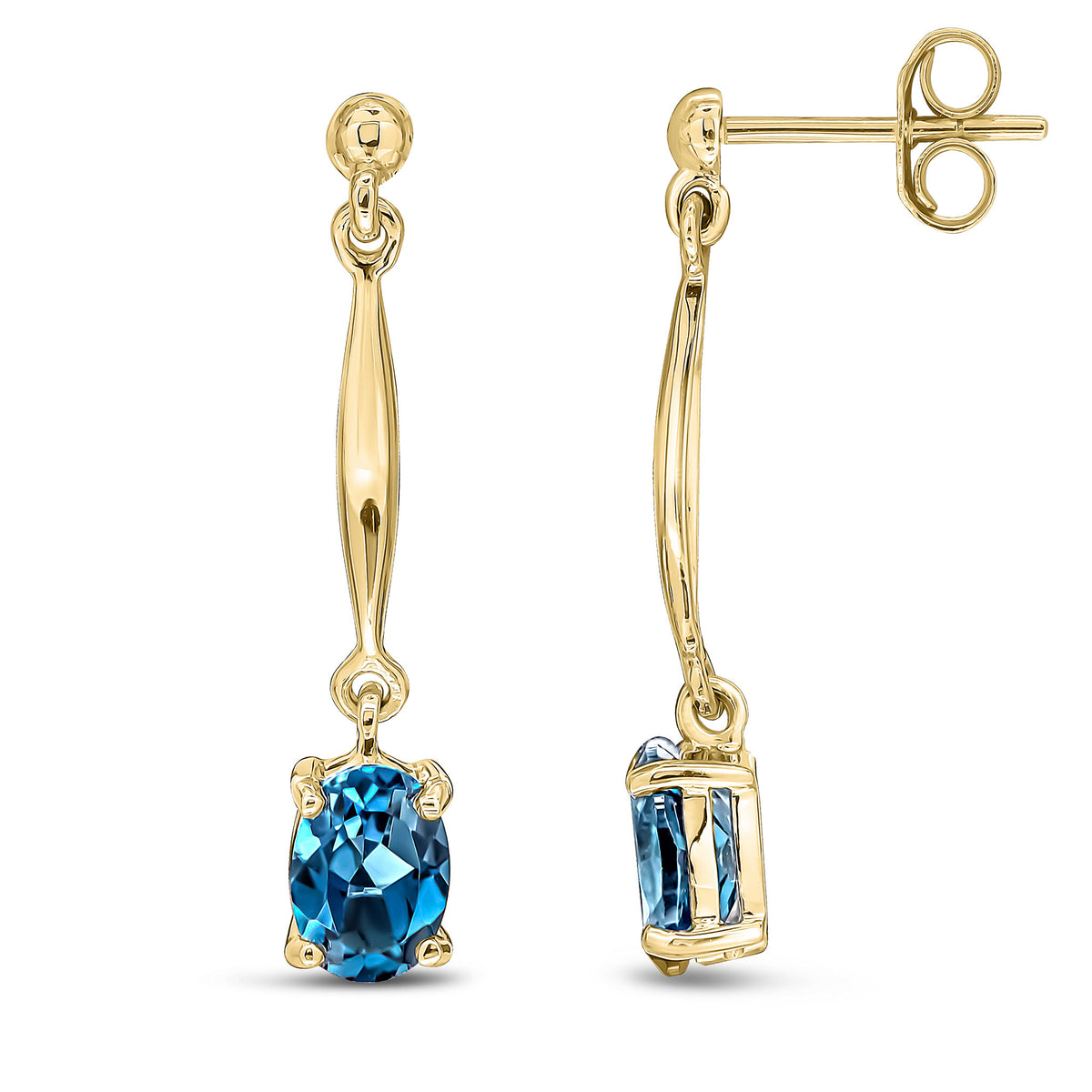 9CT YG 7X5MM OVAL LONDON BLUE TOPAZ AND BAR DROP EARRINGS WITH BEAD TOP
