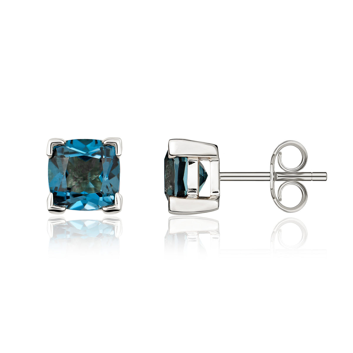 9CT WG 6MM CUSHION LONDON BLUE TOPAZ CLAW SET EARRINGS