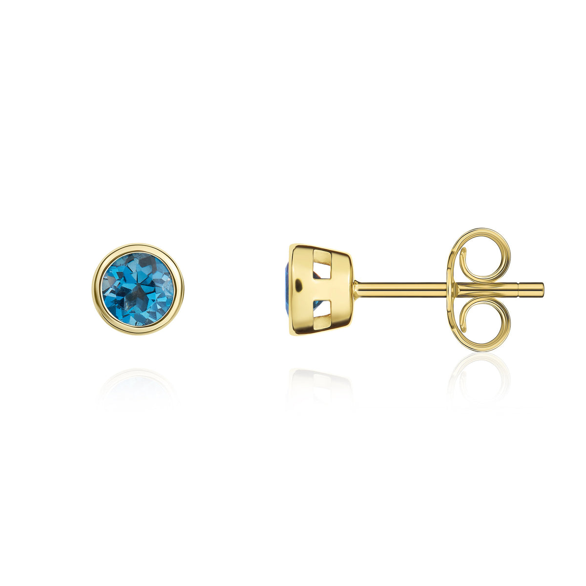 9CT YG 3MM ROUND LONDON BLUE TOPAZ RUBOVER STUD EARRINGS