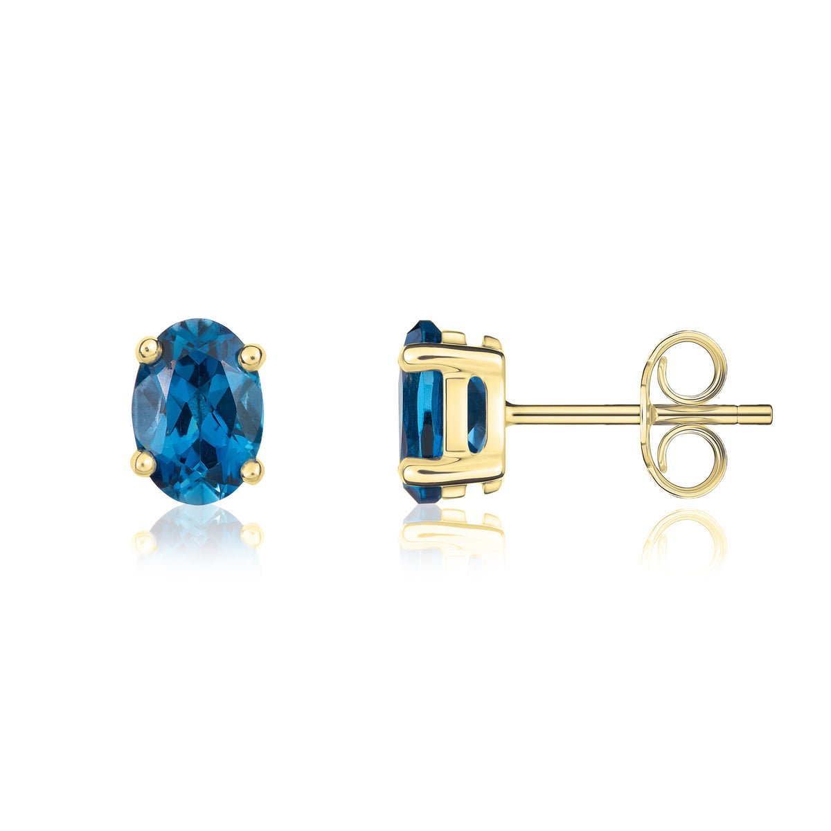 9CT YG 7X5 OVAL LONDON BLUE TOPAZ CLAW STUD EARRINGS