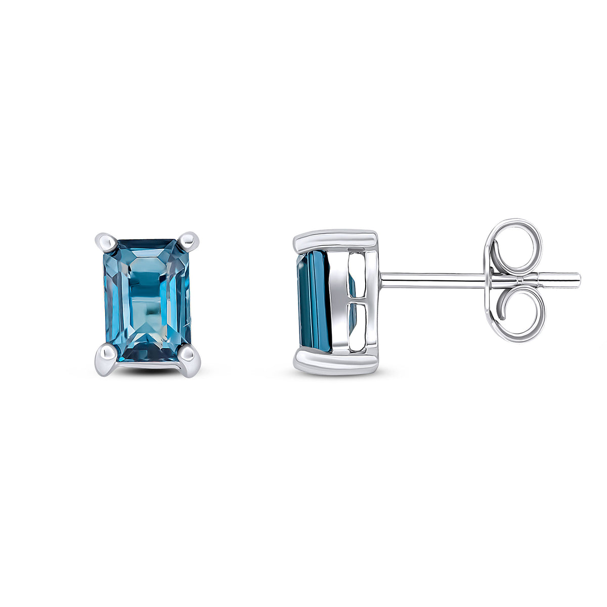 9CT WG 6X4 OCTAGON LONDON BLUE TOPAZ CLAW SET EARRINGS