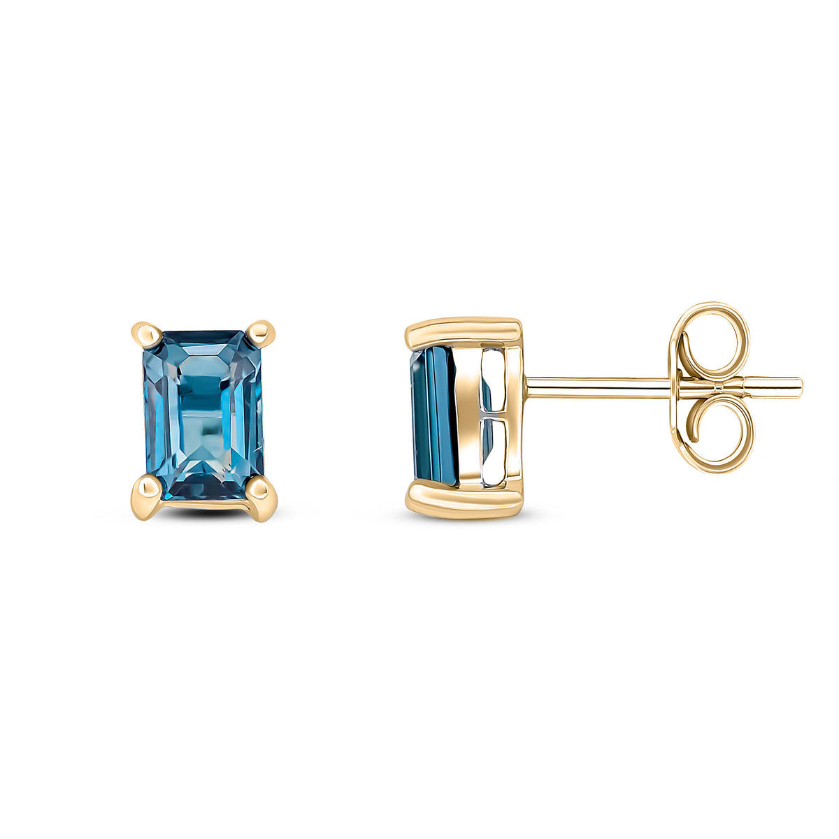 9CT YG 6X4 OCTAGON LONDON BLUE TOPAZ CLAW SET EARRINGS