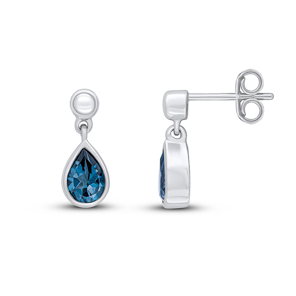 9CT WG 6X4 PEARSHAPE LONDON BLUE TOPAZ RUBOVER DROP EARRINGS WITH 3MM BEAD TOP