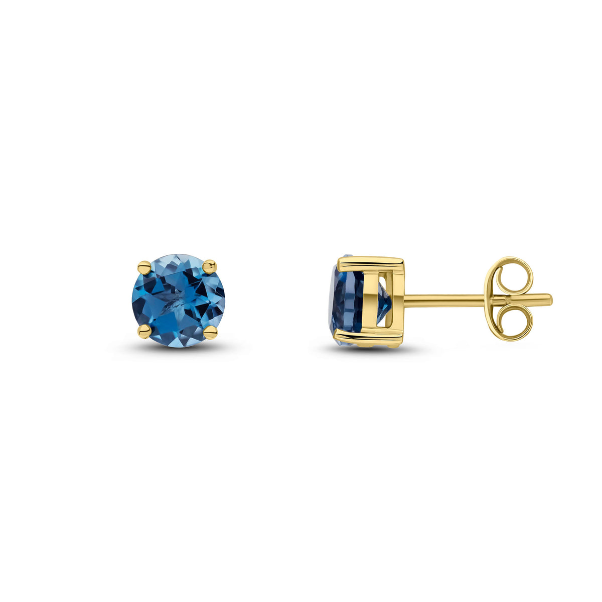 9CT YG 6MM ROUND LONDON BLUE TOPAZ 4 CLAW EARRINGS