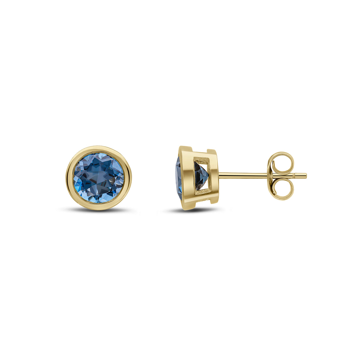 9CT YG 6MM ROUND LONDON BLUE TOPAZ RUBOVER EARRINGS