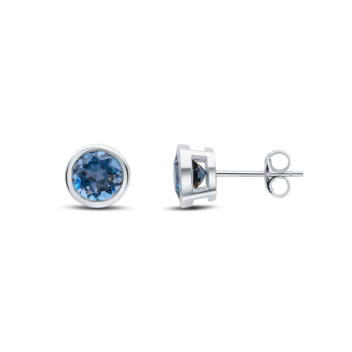 9CT WG 6MM ROUND LONDON BLUE TOPAZ RUBOVER EARRINGS