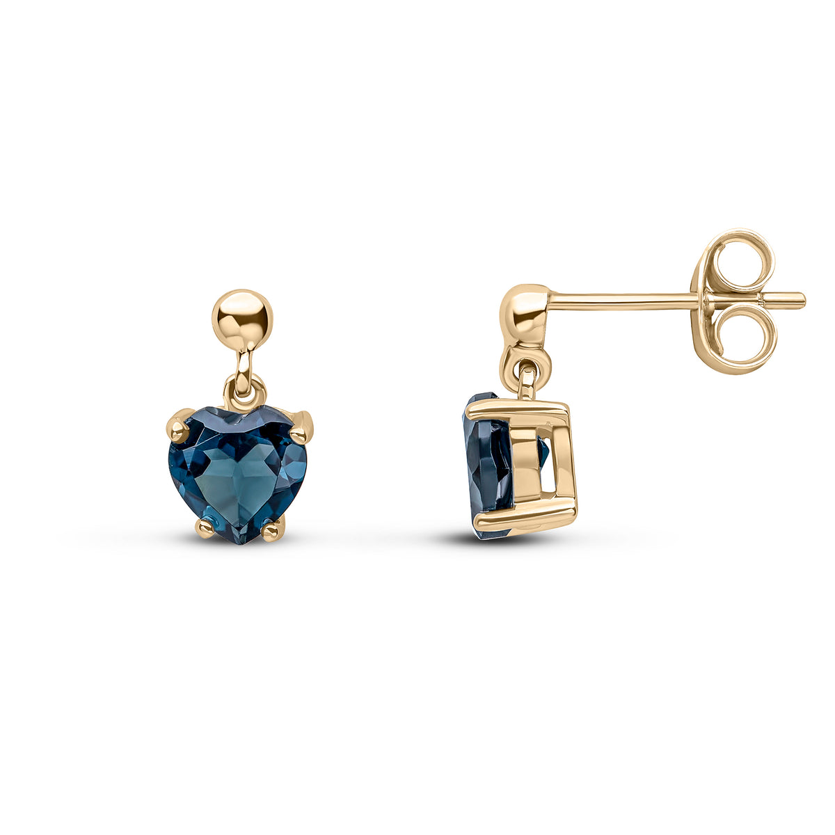 9CT YG 6MM HEART SHAPE LONDON BLUE TOPAZ CLAW SET DROP EARRINGS WITH 3MM BEAD TOP