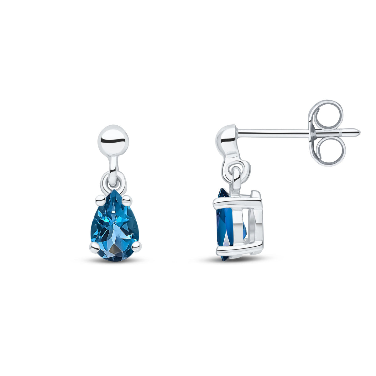 9CT WG 6X4 PEARSHAPE LONDON BLUE TOPAZ CLAW SET DROP EARRINGS WITH BEAD STUD TOP