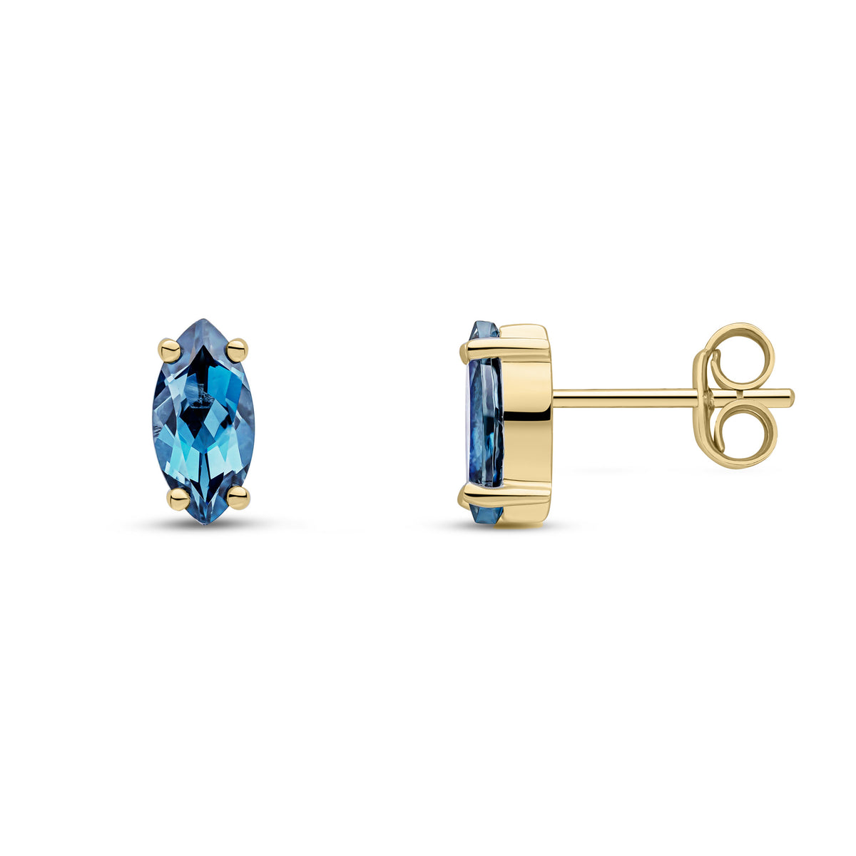 9CT YG 8X4MM MARQUISE LONDON BLUE TOPAZ CLAW SET EARRINGS