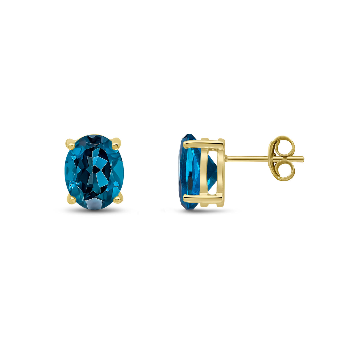9CT YG 9X7 OVAL LONDON BLUE TOPAZ CLAW EARRINGS