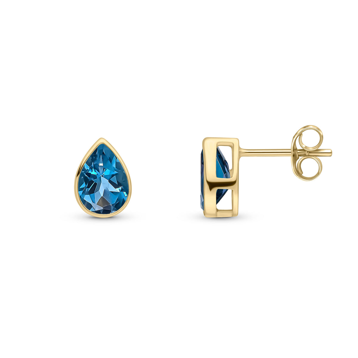 9CT YG 7X5 PEARSHAPE LONDON BLUE TOPAZ RUBOVER SET EARRINGS
