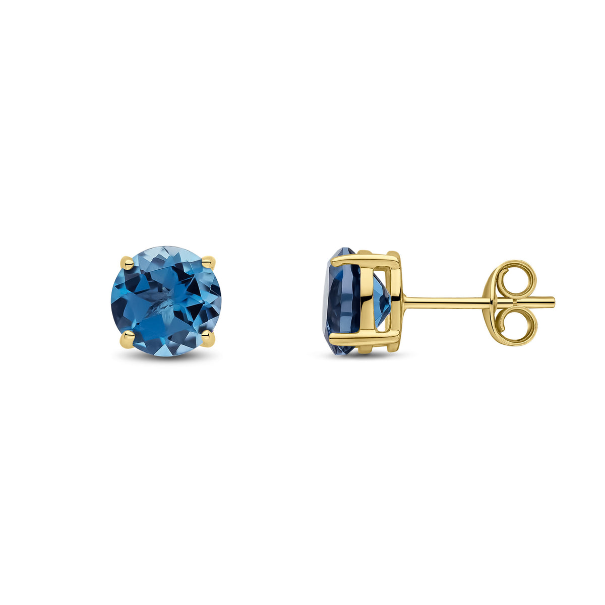 9CT YG 7MM ROUND LONDON BLUE TOPAZ CLAW SET EARRINGS