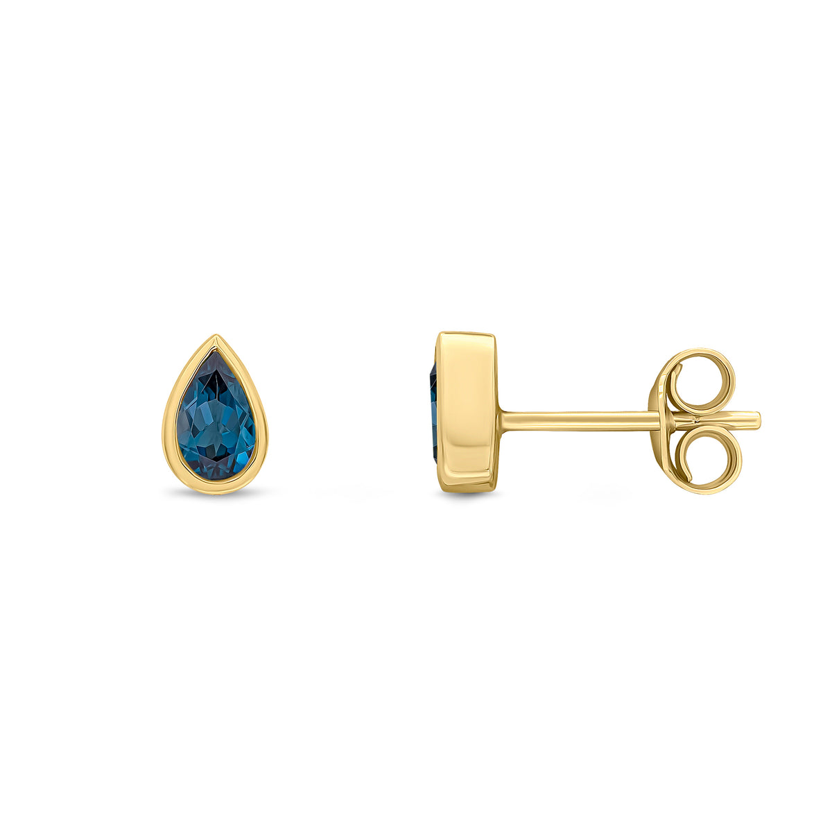 9CT YG 5X3 PEARSHAPE LONDON BLUE TOPAZ RUBOVER SET EARRINGS