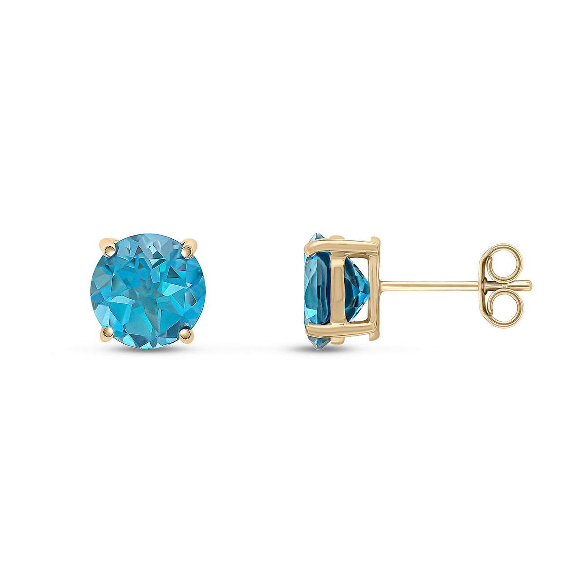 9CT YG 8MM ROUND LONDON BLUE TOPAZ CLAW SET EARRINGS