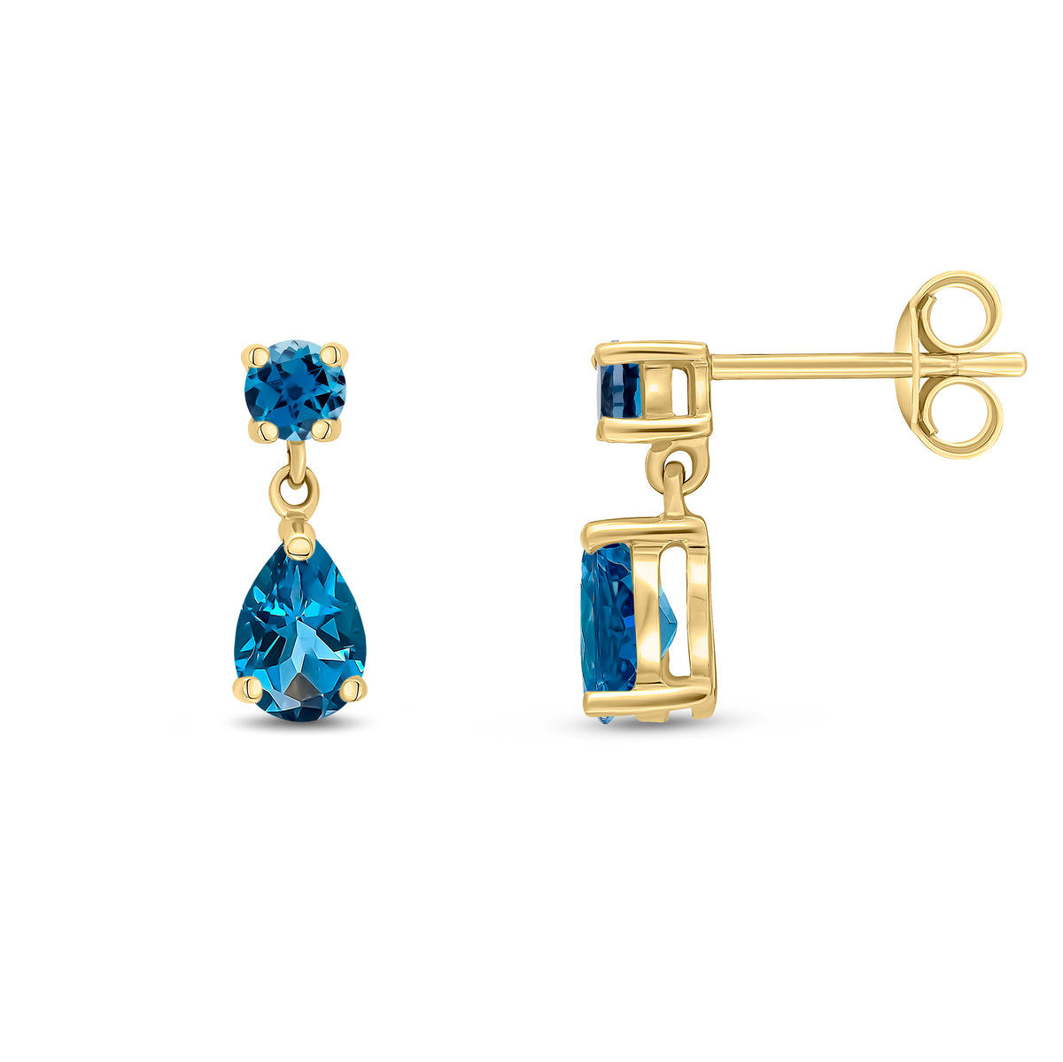 9CT YG ROUND AND PEARSHAPE LONDON BLUE TOPAZ 2ST CLAW SET DROP EARRINGS