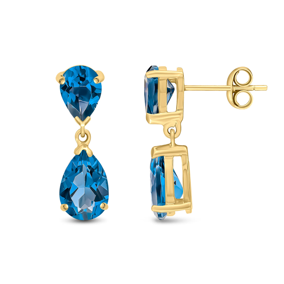 9CT YG PEARSHAPE LONDON BLUE TOPAZ 2ST CLAW SET DROP EARRINGS