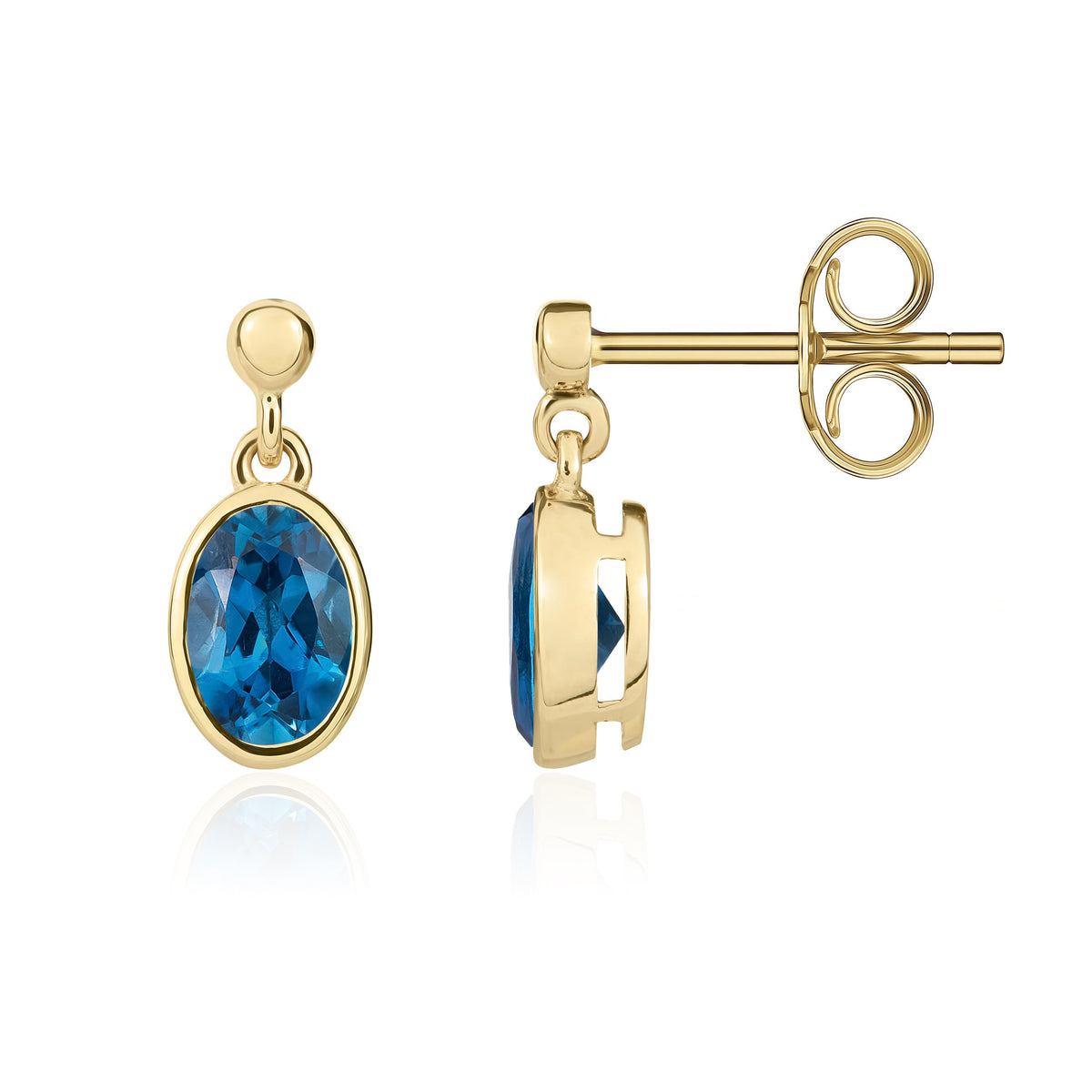 9CT YG 6X4 OVAL LONDON BLUE TOPAZ RUBOVER DROP EARRINGS WITH 2.5MM BEAD TOP