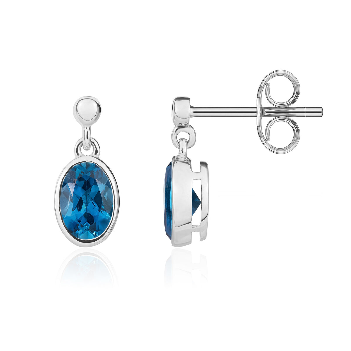 9CT WG 6X4 OVAL LONDON BLUE TOPAZ RUBOVER DROP EARRINGS WITH 2.5MM BEAD TOP