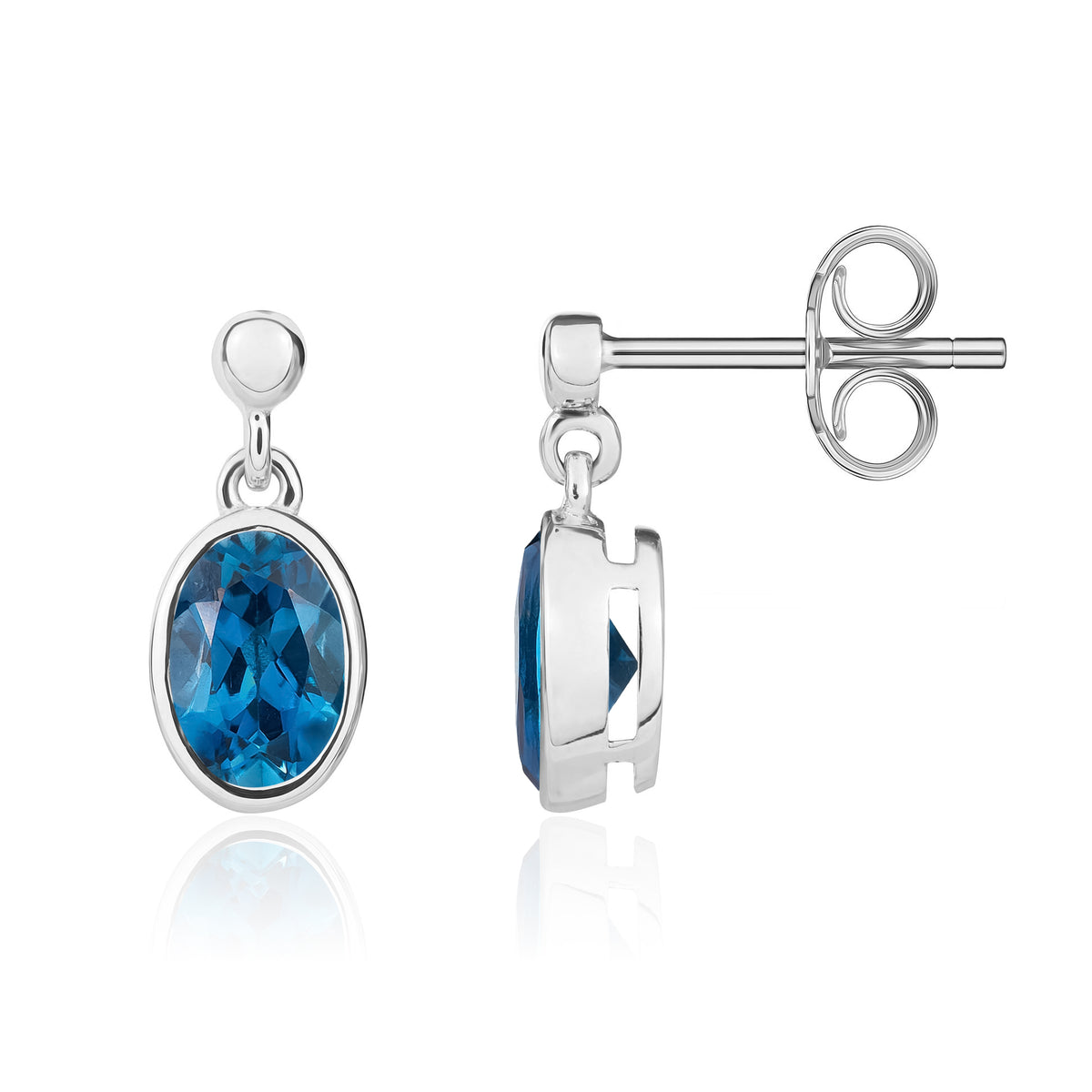 9CT WG 7X5MM OVAL LONDON BLUE TOPAZ RUBOVER DROP EARRINGS WITH BEAD TOP
