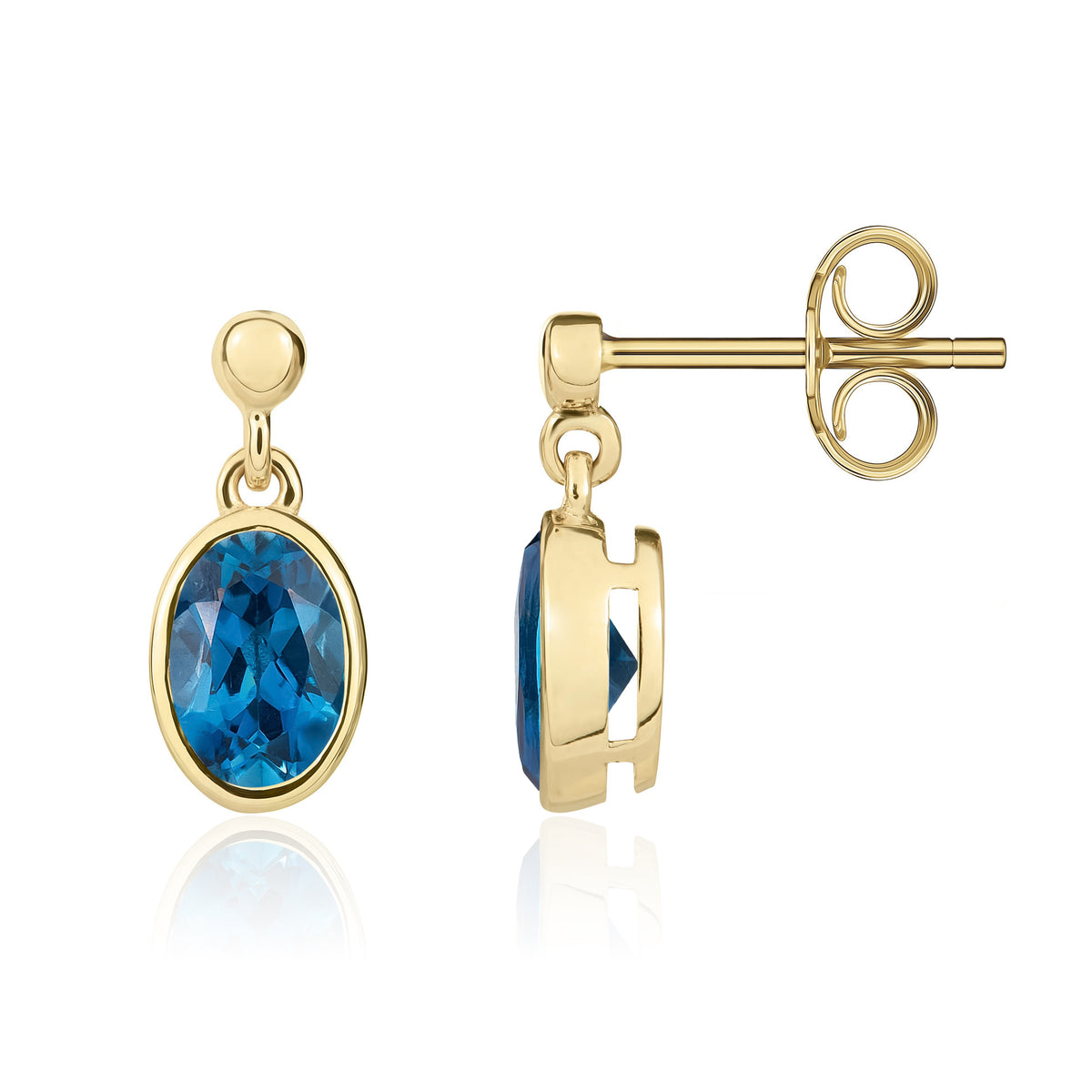 9CT YG 7X5MM OVAL LONDON BLUE TOPAZ RUBOVER DROP EARRINGS WITH BEAD TOP