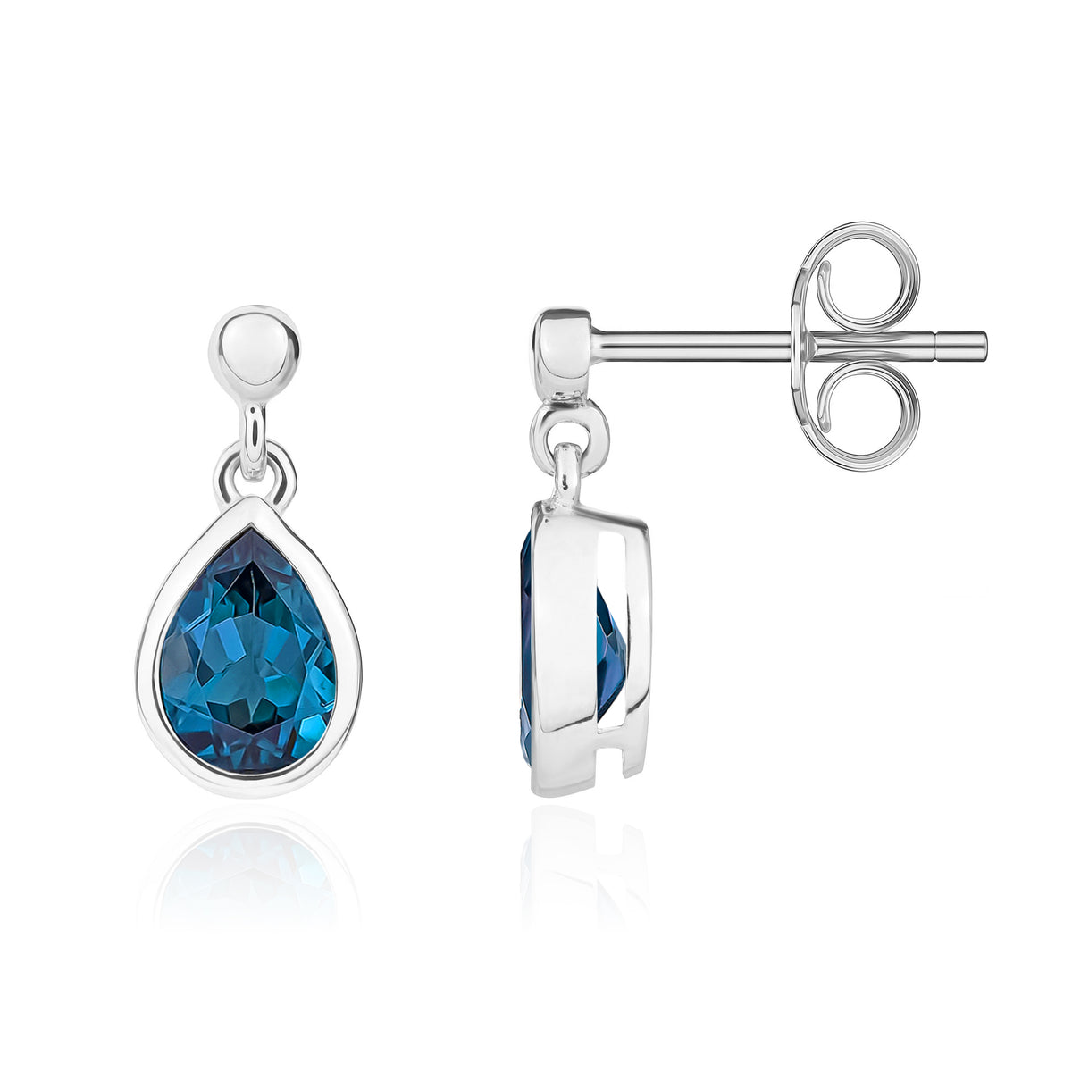 9CT WG 7X5 PEARSHAPE LONDON BLUE TOPAZ RUBOVER DROP EARRINGS WITH BEAD TOP