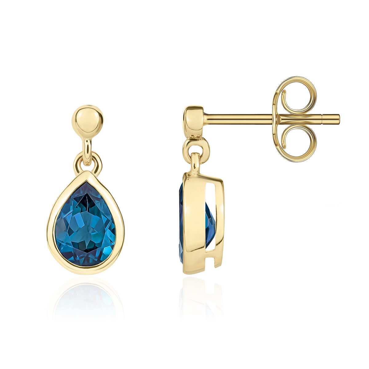 9CT YG 7X5 PEARSHAPE LONDON BLUE TOPAZ RUBOVER DROP EARRINGS WITH BEAD TOP