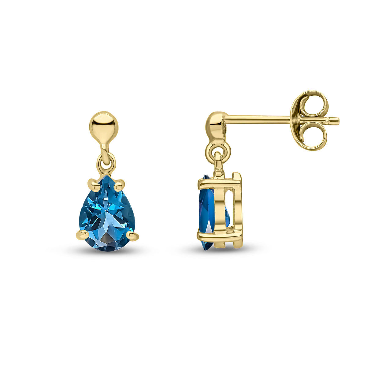 9CT YG 7X5 PEARSHAPE LONDON BLUE TOPAZ CLAW SET DROP EARRINGS WITH BEAD TOP