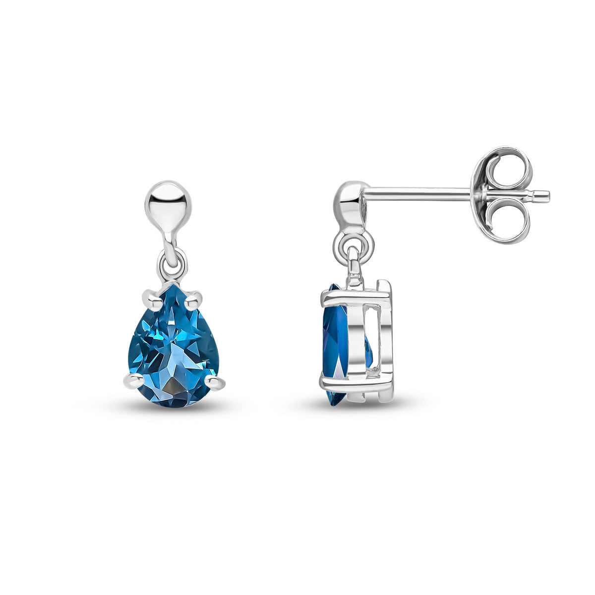 9CT WG 7X5 PEARSHAPE LONDON BLUE TOPAZ CLAW SET DROP EARRINGS WITH BEAD TOP