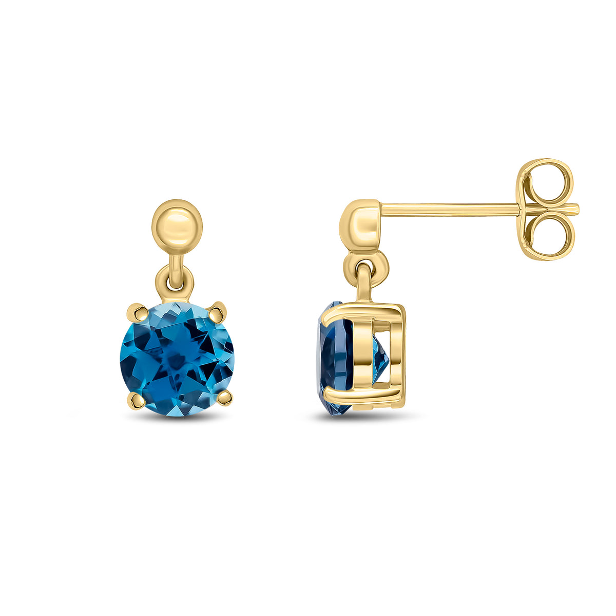 9CT YG 6MM ROUND LONDON BLUE TOPAZ CLAW SET DROP EARRINGS WITH BEAD TOP