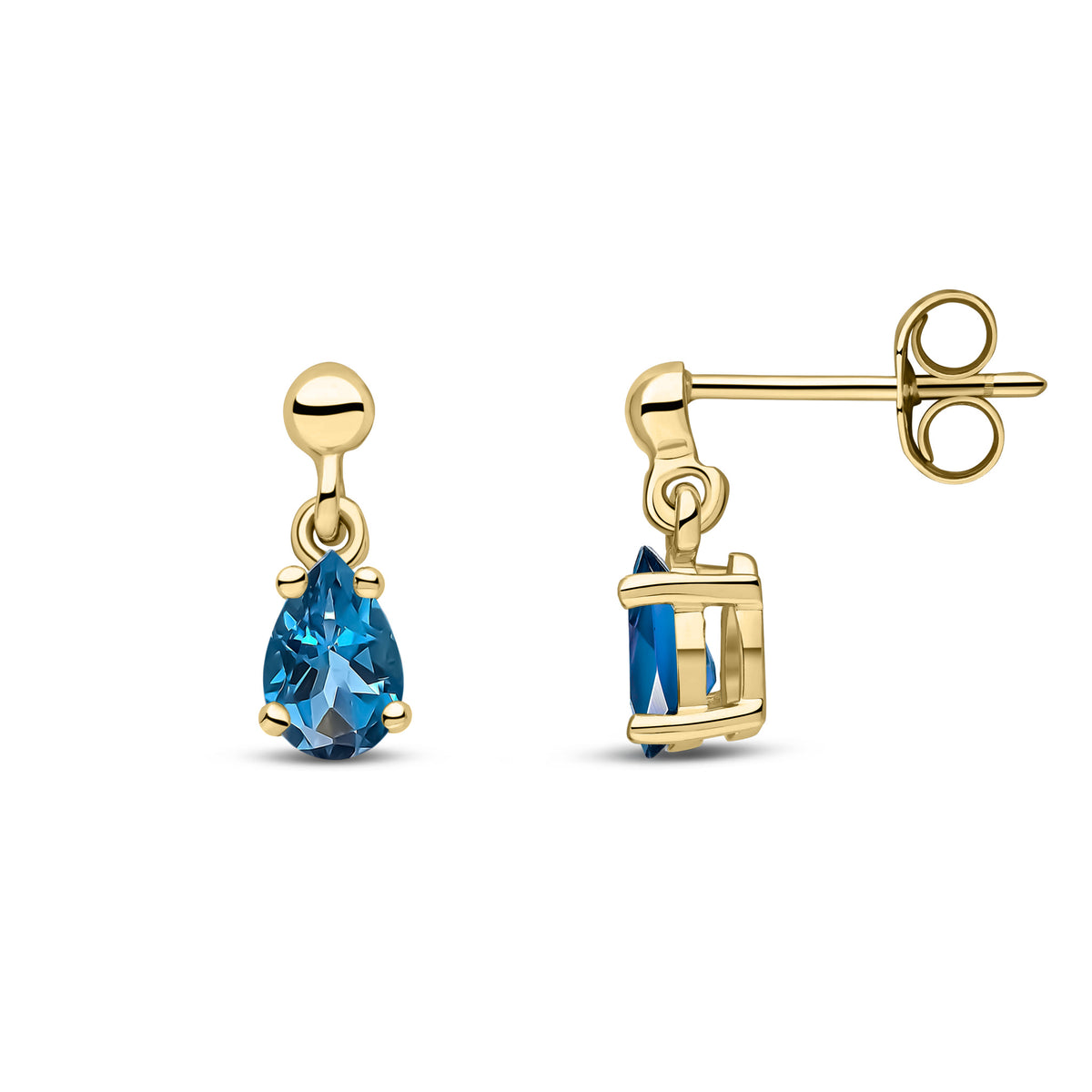 9CT YG 6X4 PEARSHAPE LONDON BLUE TOPAZ CLAW SET DROP EARRINGS WITH BEAD STUD TOP