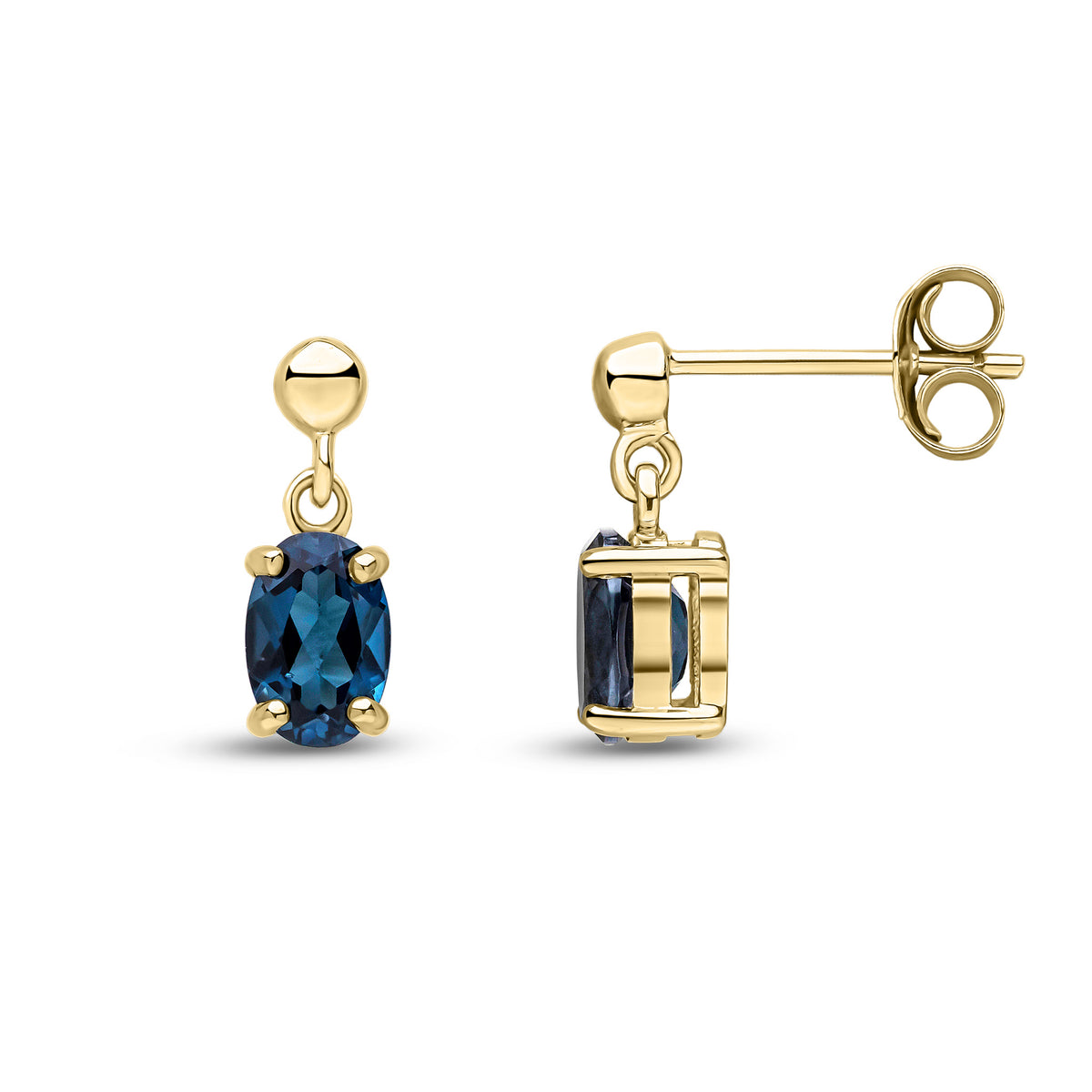 9CT YG 6X4 OVAL LONDON BLUE TOPAZ CLAW SET DROP EARRINGS WITH BEAD TOP