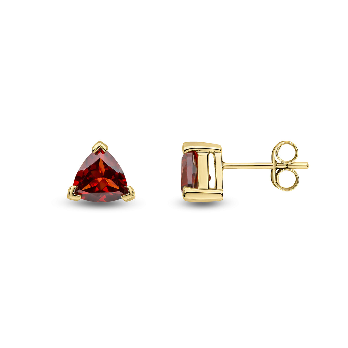 9CT YG 6MM TRILLIANT GARNET CLAW SET EARRINGS