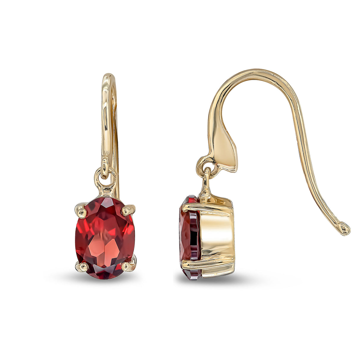 9CT YG 7X5 OVAL GARNET CLAW SET DROP EARRINGS WITH HOOK WIRE FITTING