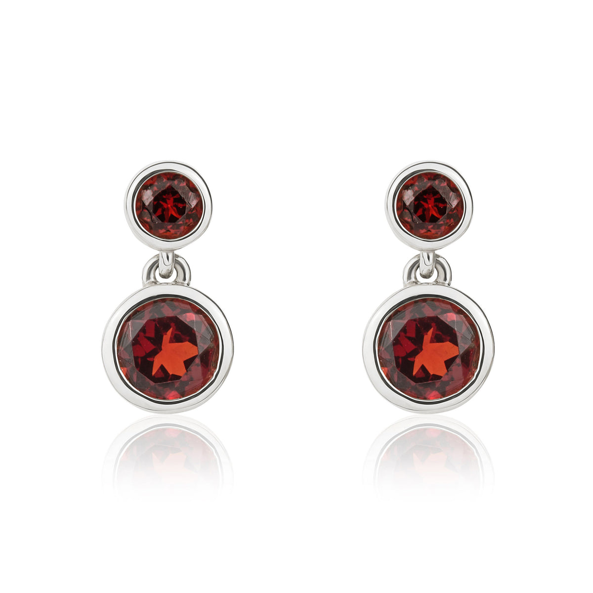 9CT WHITE GOLD ROUND GARNET RUBOVER 2ST DROP EARRINGS