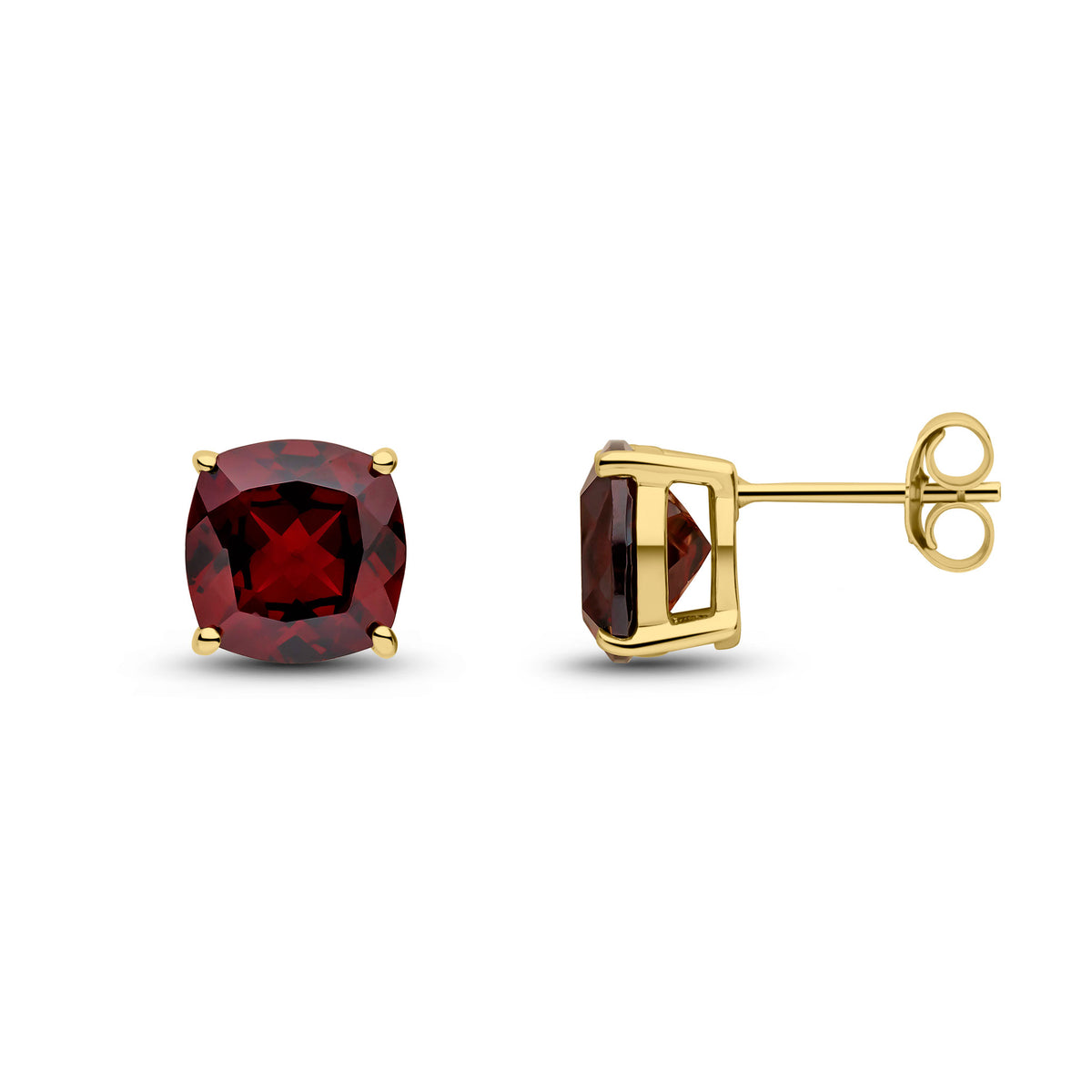 9CT YG 8MM CUSHION GARNET CLAW SET EARRINGS