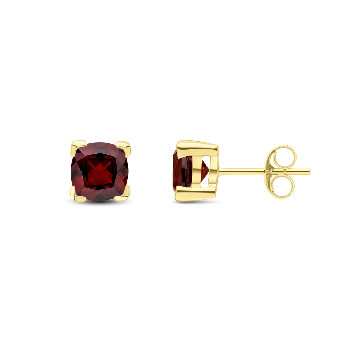 9CT YG 6MM CUSHION GARNET CLAW SET EARRINGS