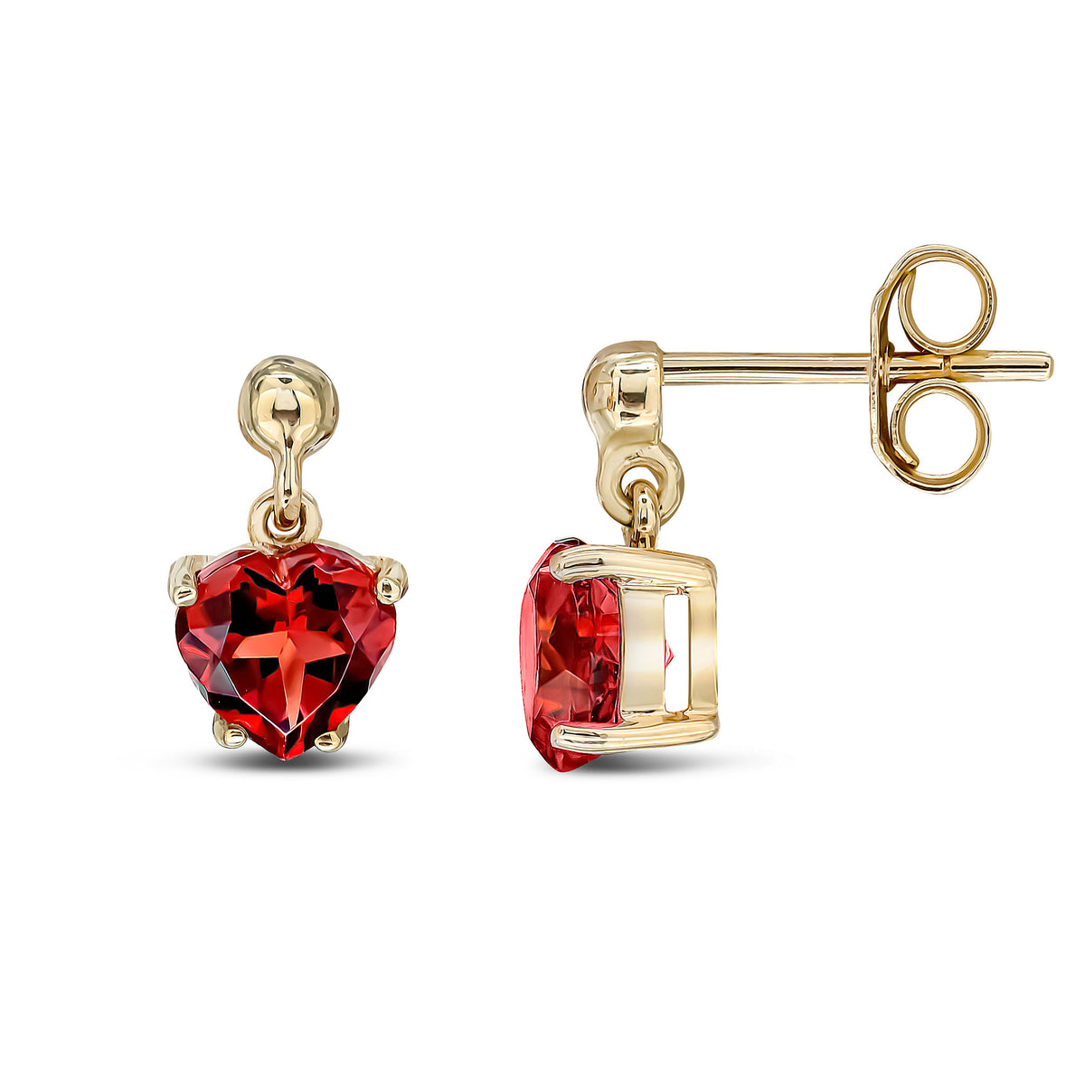 9CT YG 6MM HEART-SHAPE GARNET CLAW SET DROP EARRINGS WITH 3MM BEAD TOP