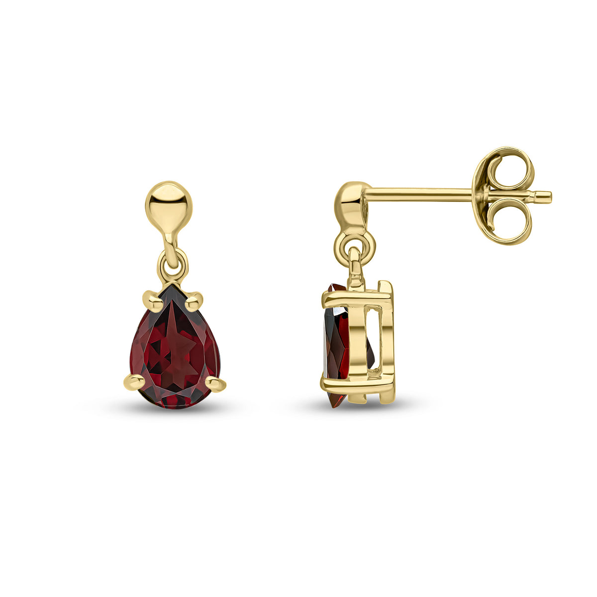 9CT YG 7X5 PEARSHAPE GARNET CLAW SET DROP EARRINGS WITH BEAD TOP