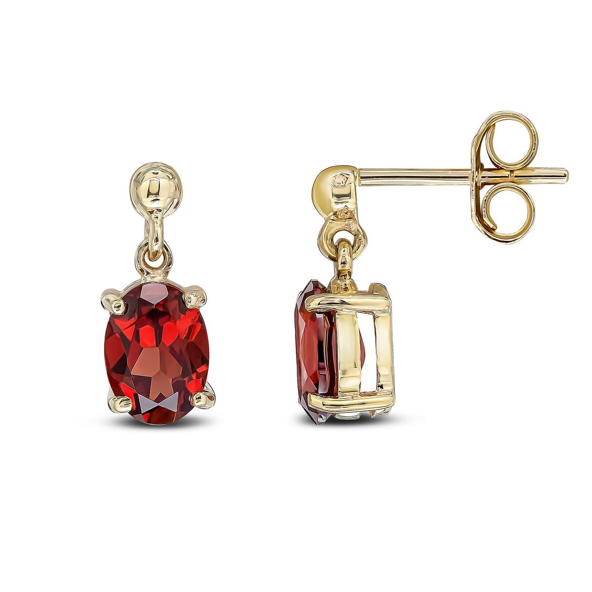 9CT YG OVAL 7X5MM GARNET CLAW DROP EARRINGS WITH BEAD TOP
