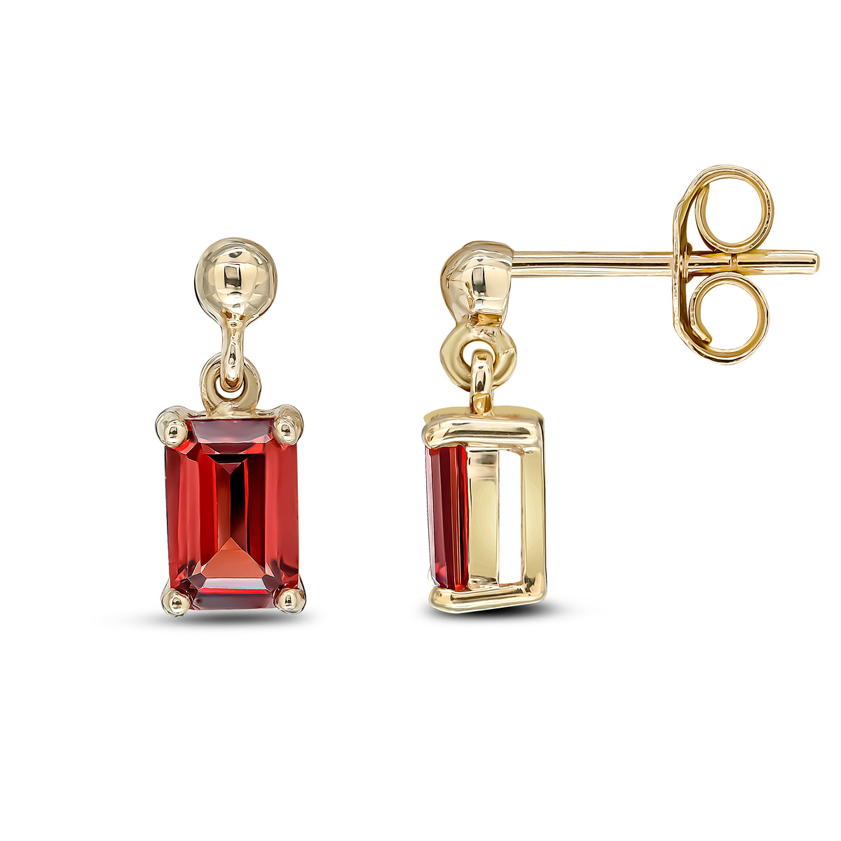 9CT YG 6X4 OCTAGON GARNET CLAW SET DROP EARRINGS WITH BEAD TOP