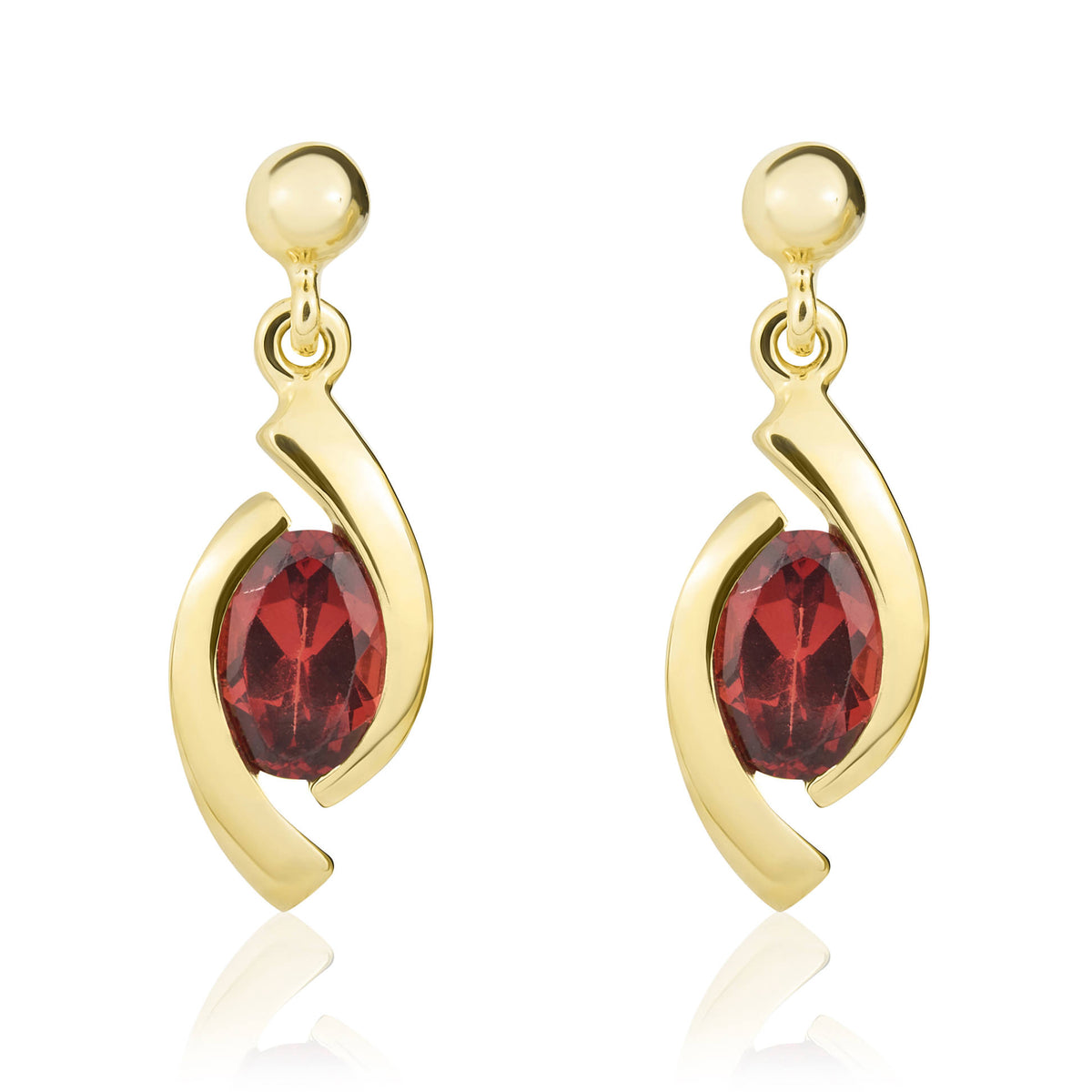 9CT YG OVAL GARNET 'EYE' DROP EARRINGS WITH 3MM BEAD TOP