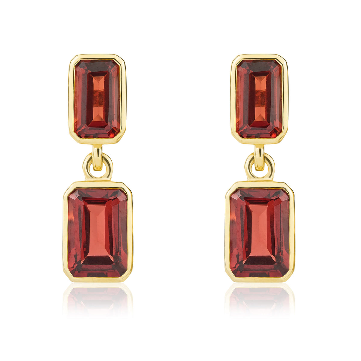 9CT YG OCTAGON GARNET RUBOVER 2ST DROP EARRINGS