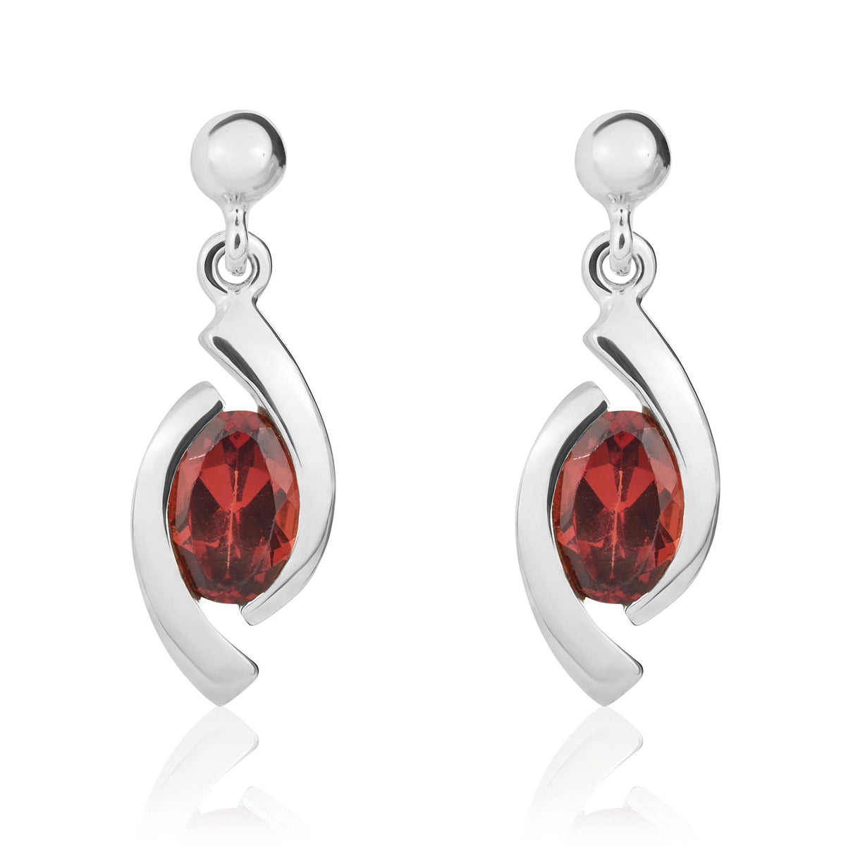 9CT WG OVAL GARNET 'EYE' DROP EARRINGS WITH 3MM BEAD TOP