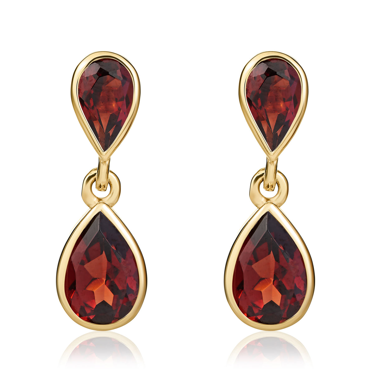 9CT YG PEARSHAPE GARNET RUBOVER 2ST DROP EARRINGS