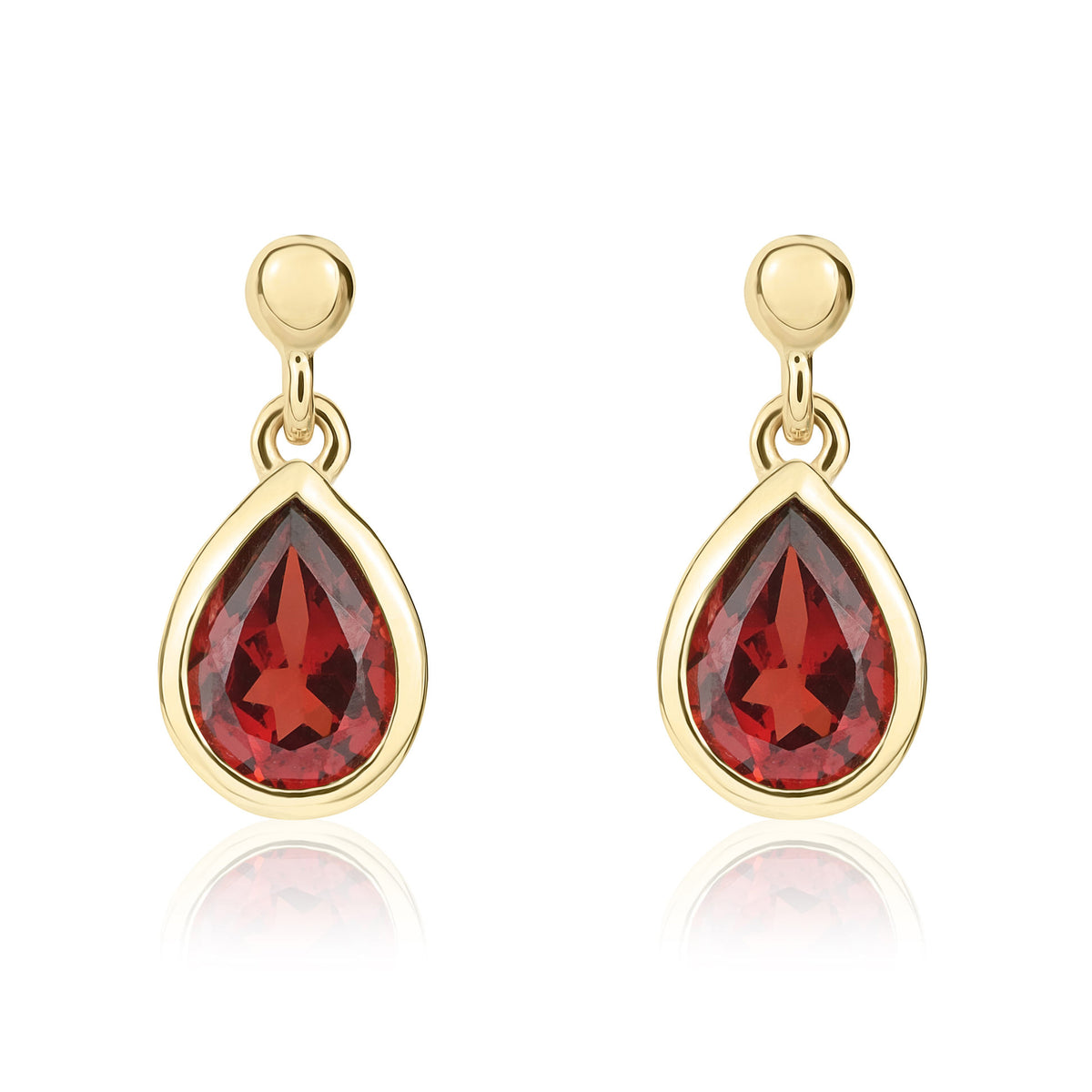 9CT YG 7X5 PEARSHAPE GARNET RUBOVER DROP EARRINGS WITH BEAD TOP