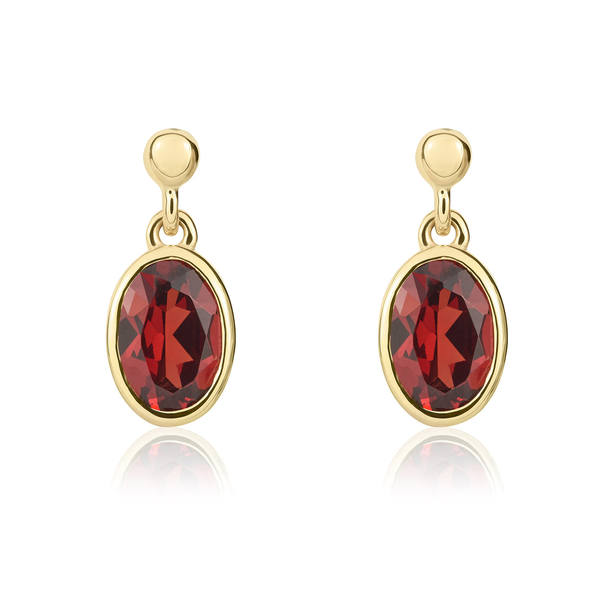9CT YG 6X4 OVAL GARNET RUBOVER DROP EARRINGS WITH 2.5MM BEAD TOP