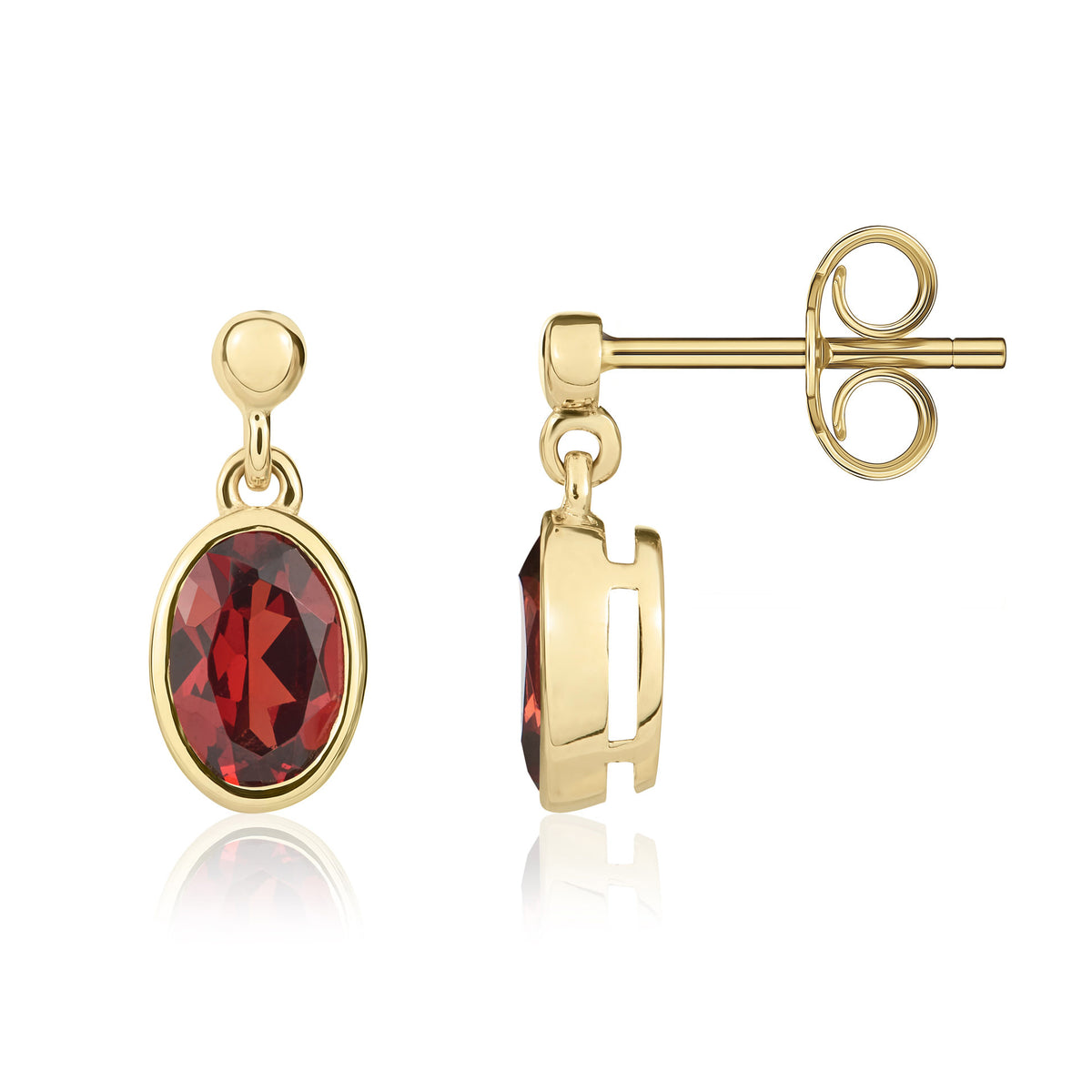9CT YG 7X5MM OVAL GARNET RUBOVER DROP EARRINGS WITH BEAD TOP