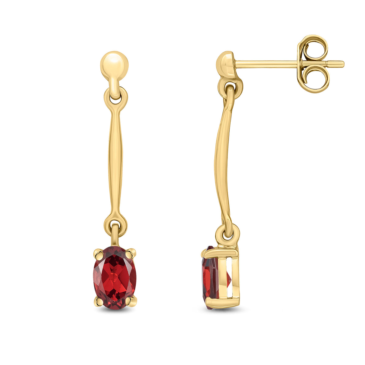 9CT YG CLAW SET 6X4MM OVAL GARNET AND BAR DROP EARRINGS