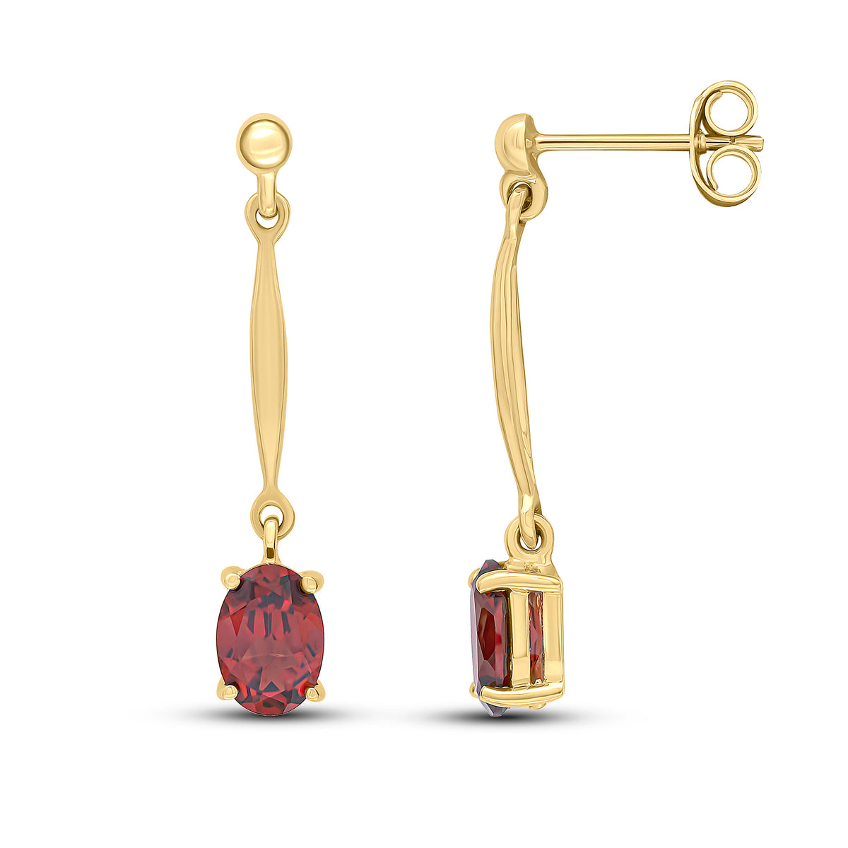 9CT YG 7X5MM OVAL GARNET AND BAR DROP EARRINGS WITH BEAD TOP