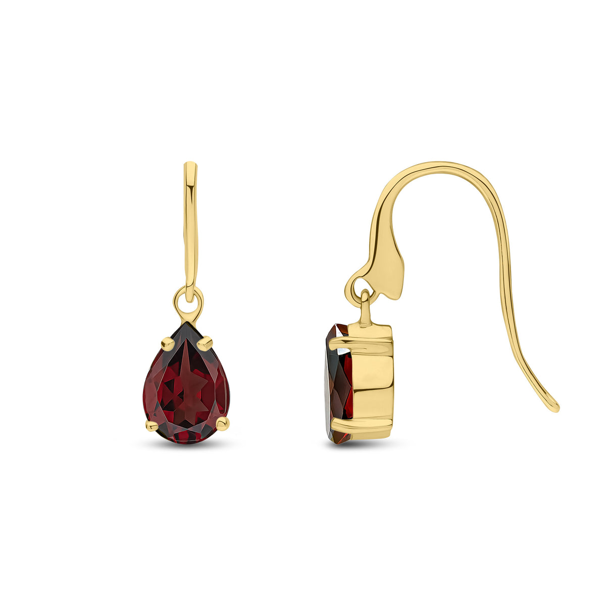 9CT YG 7X5MM PEARSHAPE GARNET CLAW SET WIRE HOOK DROP EARRINGS